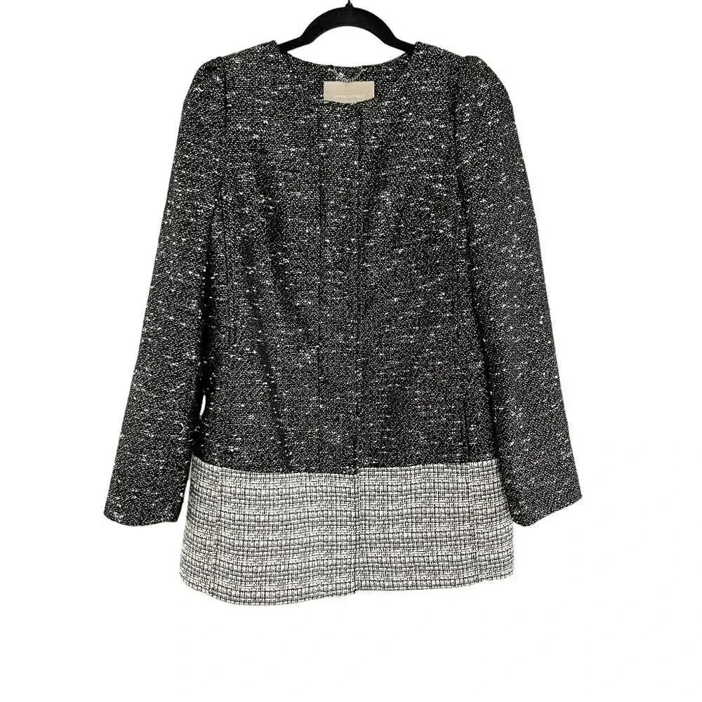 Banana Republic Black & Gray Tweed Colorblock Longline Coat Women's Size Small